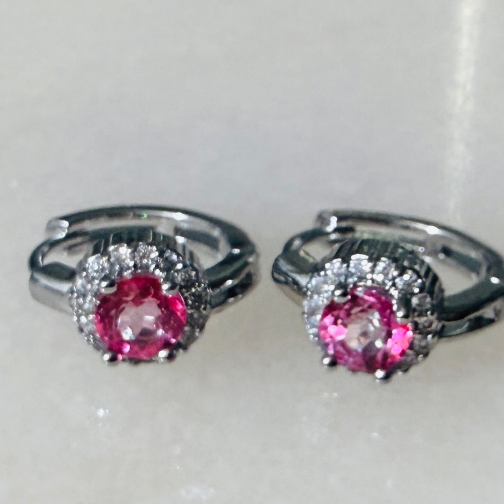 Pink Topaz Halo Huggie Hoops November Birthstone Secure Snap-Post Earrings